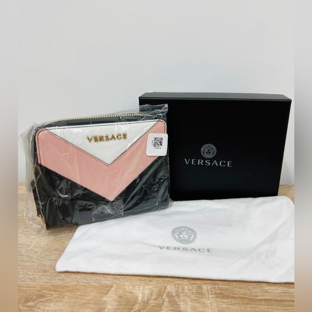 NWT Versace Black/white/pink Calf Leather Medium Zipper Wallet Made in Italy 593